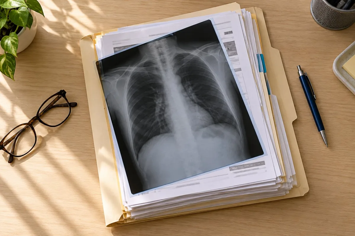 Historia clínica con una radiografía de tórax sobre una mesa